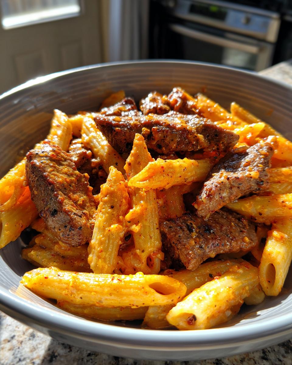 Cajun Steak Tips in Cheesy Penne Parmesan Sauce - detail 1