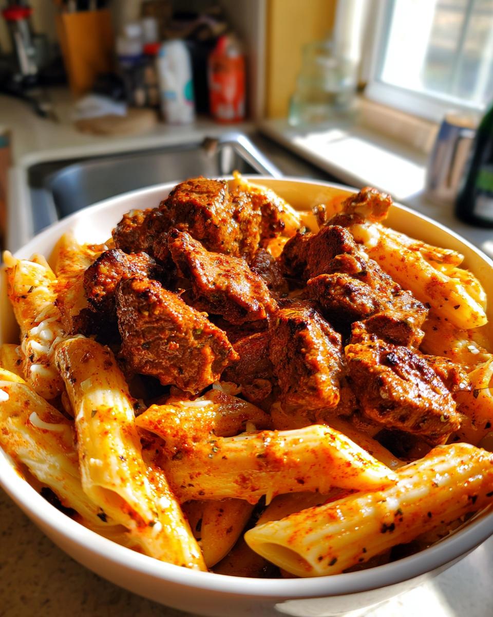 Cajun Steak Tips in Cheesy Penne Parmesan Sauce - detail 3