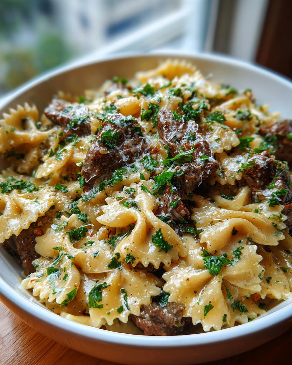 Creamy Garlic Parmesan Beef Bowtie Pasta for Christmas - detail 1