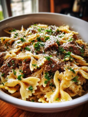Creamy Garlic Parmesan Beef Bowtie Pasta for Christmas
