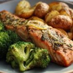 Lemon-Garlic Salmon with Roasted Potatoes and Steamed Broccoli