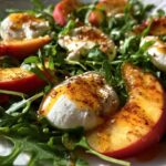 Peach Tomato Burrata Salad with Arugula and Hot Honey Dressing