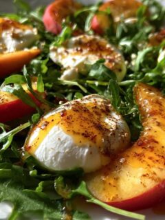 Peach Tomato Burrata Salad with Arugula and Hot Honey Dressing