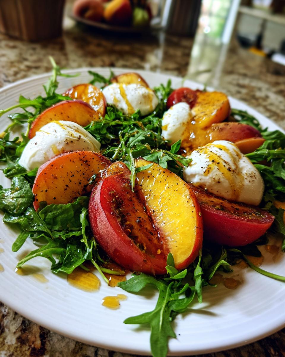Peach Tomato Burrata Salad with Arugula and Hot Honey Dressing - detail 3