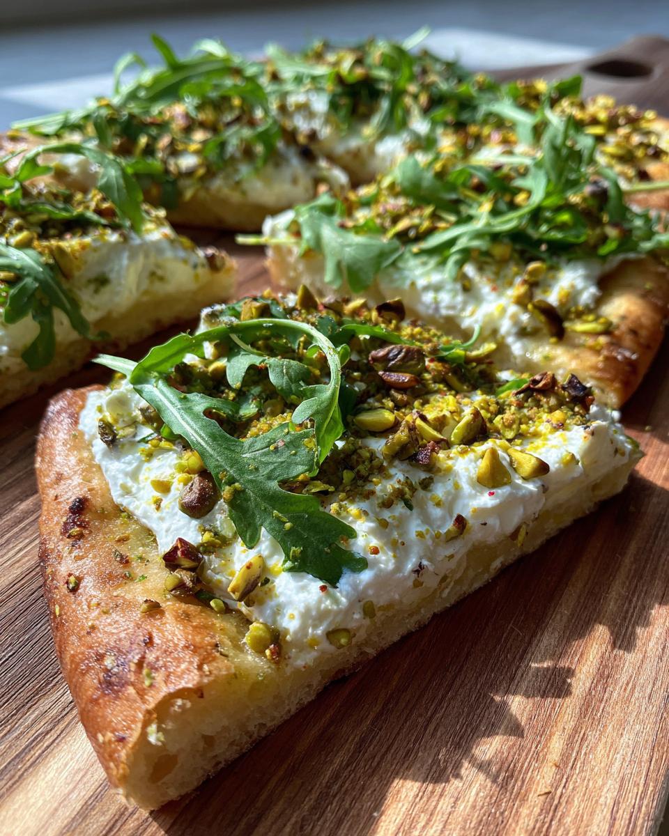 Pistachio and Honey Whipped Ricotta Flatbread with Arugula for Christmas - detail 1